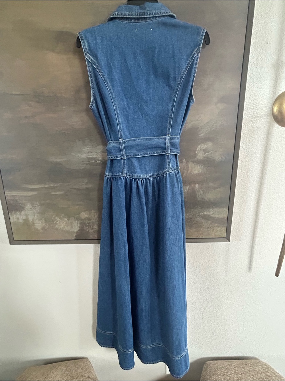 NWOT Boutique Dark Blue Denim Sleeveless Shirtwaist Dress with Belt - Picture 5 of 8